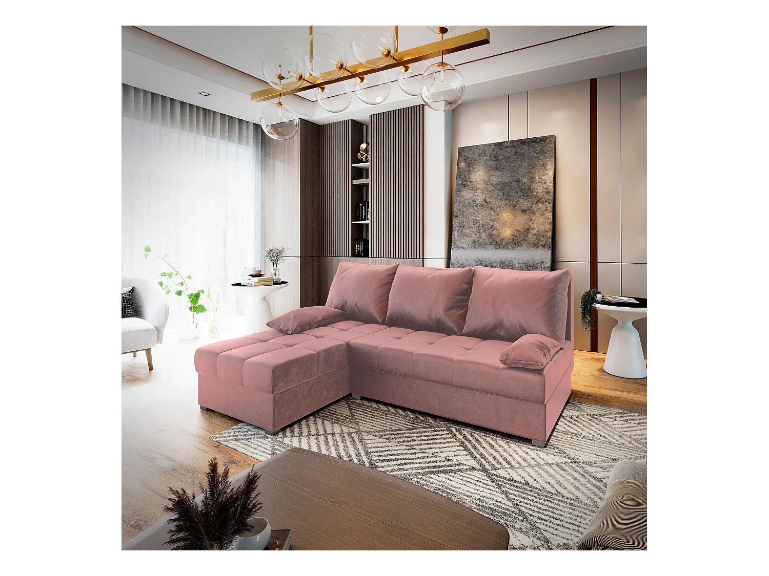 Canapé d'angle RITA Rose poudré en peluche avec fonction de couchage