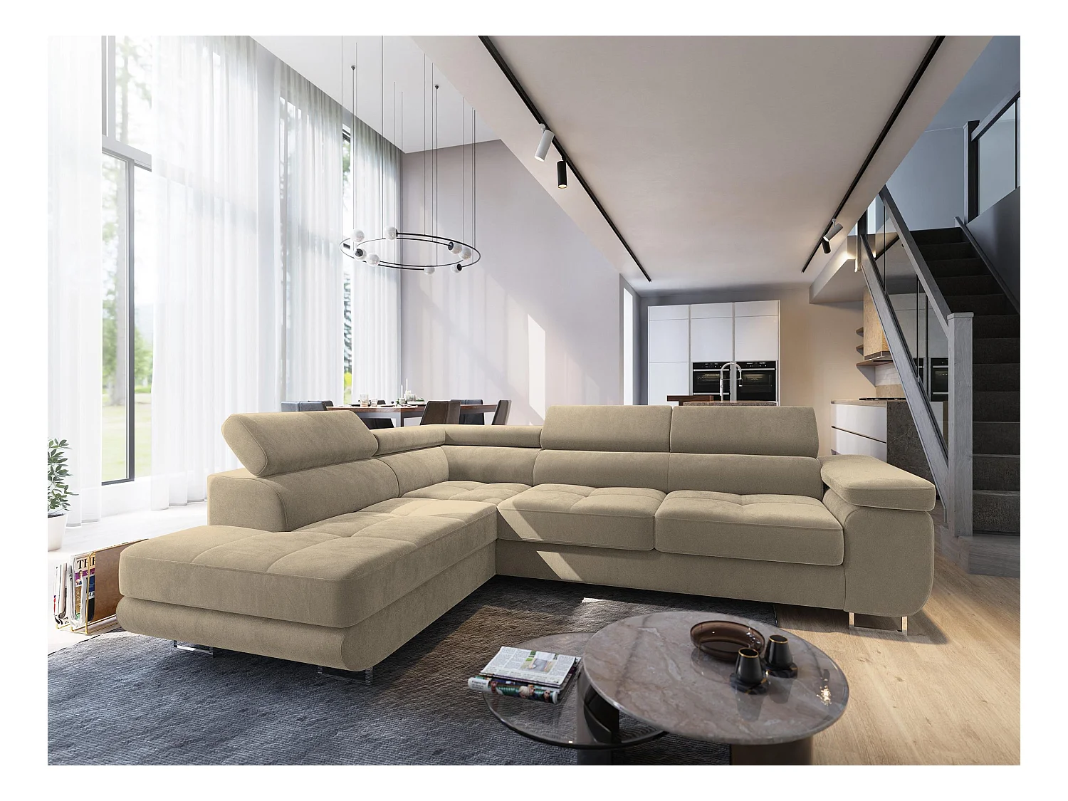 Canapé d'angle SELVA Crème en velours avec fonction de couchage