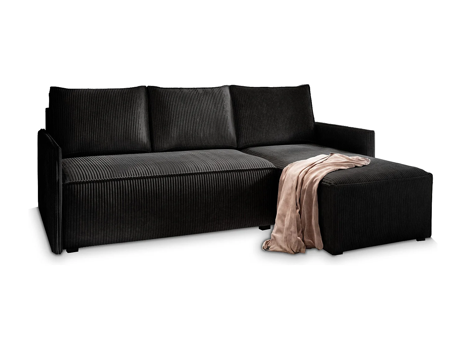 Canapé d'angle PERUSI Noir en velours côtelé avec fonction de couchage