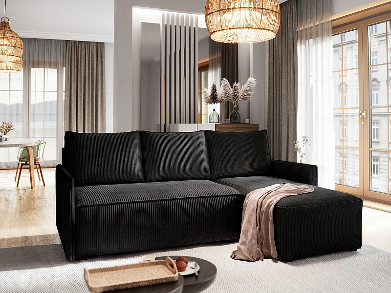 Canapé d'angle PERUSI Noir en velours côtelé avec fonction de couchage