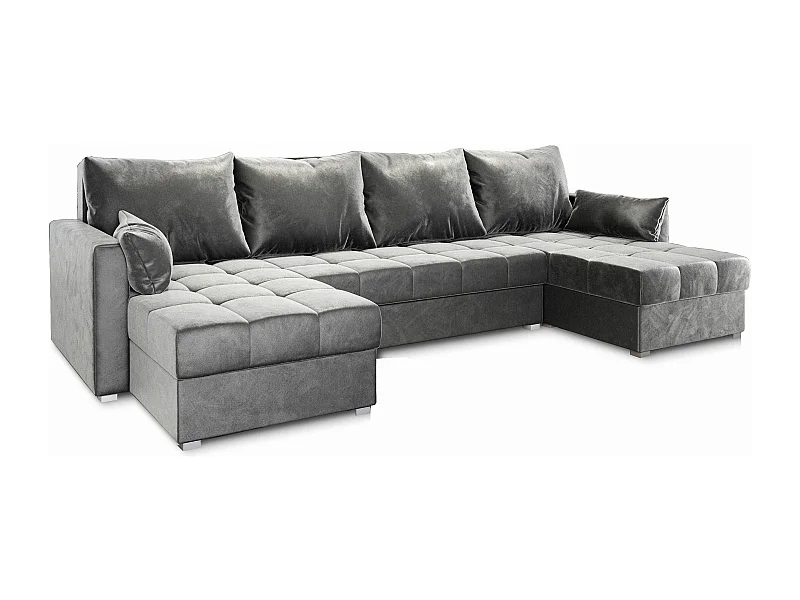 Canapé d'angle NAKO Gris clair en peluche avec fonction de couchage