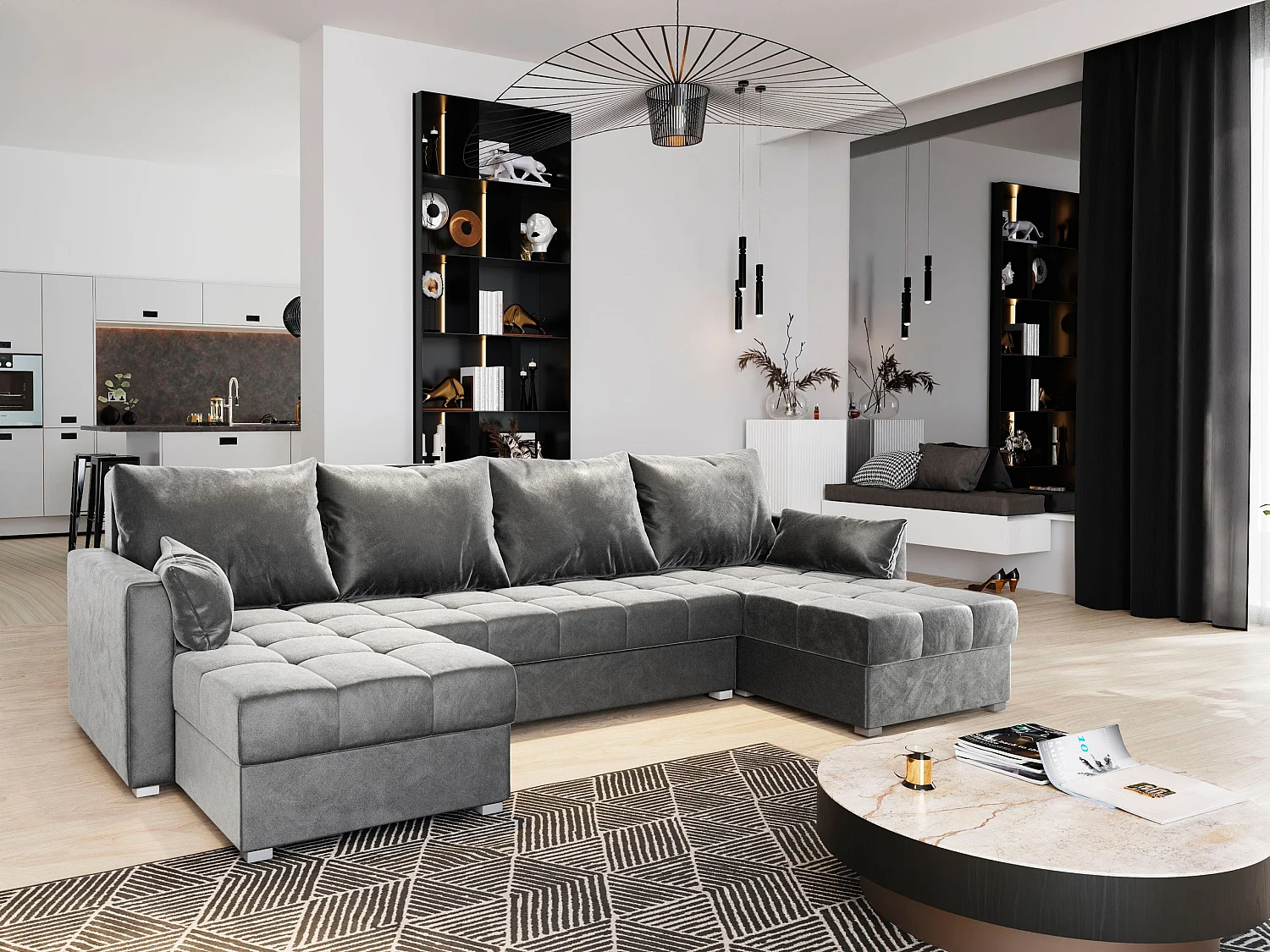 Canapé d'angle NAKO Gris clair en peluche avec fonction de couchage