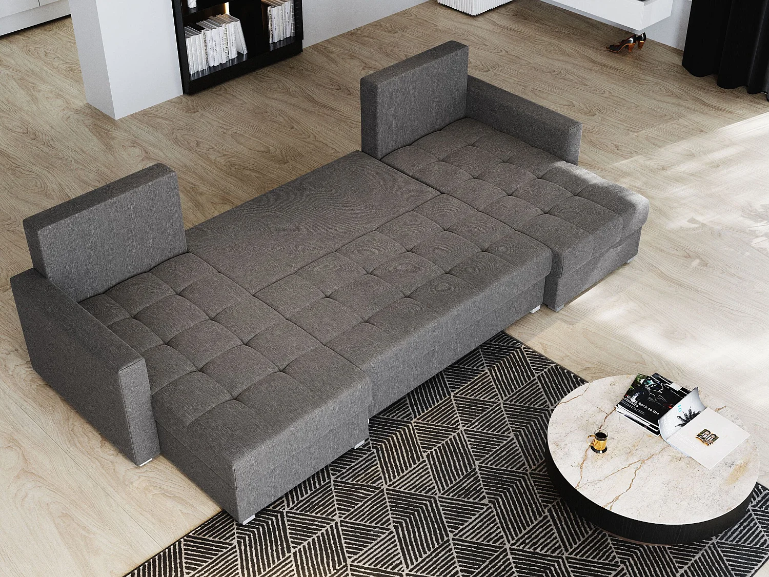 Canapé d'angle NAKO Gris clair en peluche avec fonction de couchage