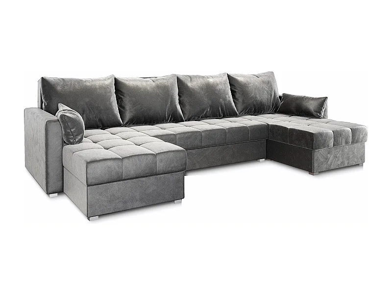 Canapé d'angle NAKO Gris clair en peluche avec fonction de couchage