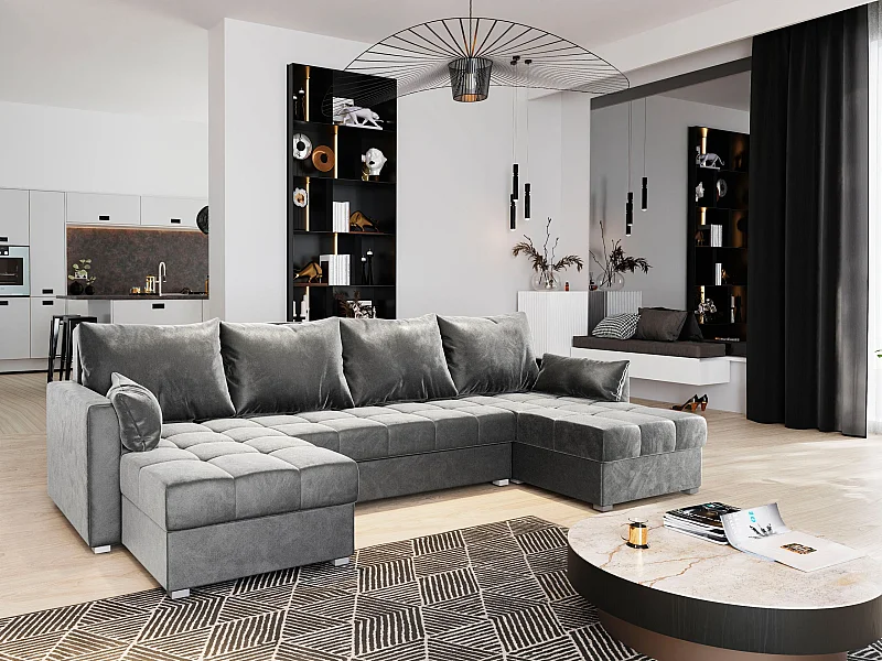 Canapé d'angle NAKO Gris clair en peluche avec fonction de couchage