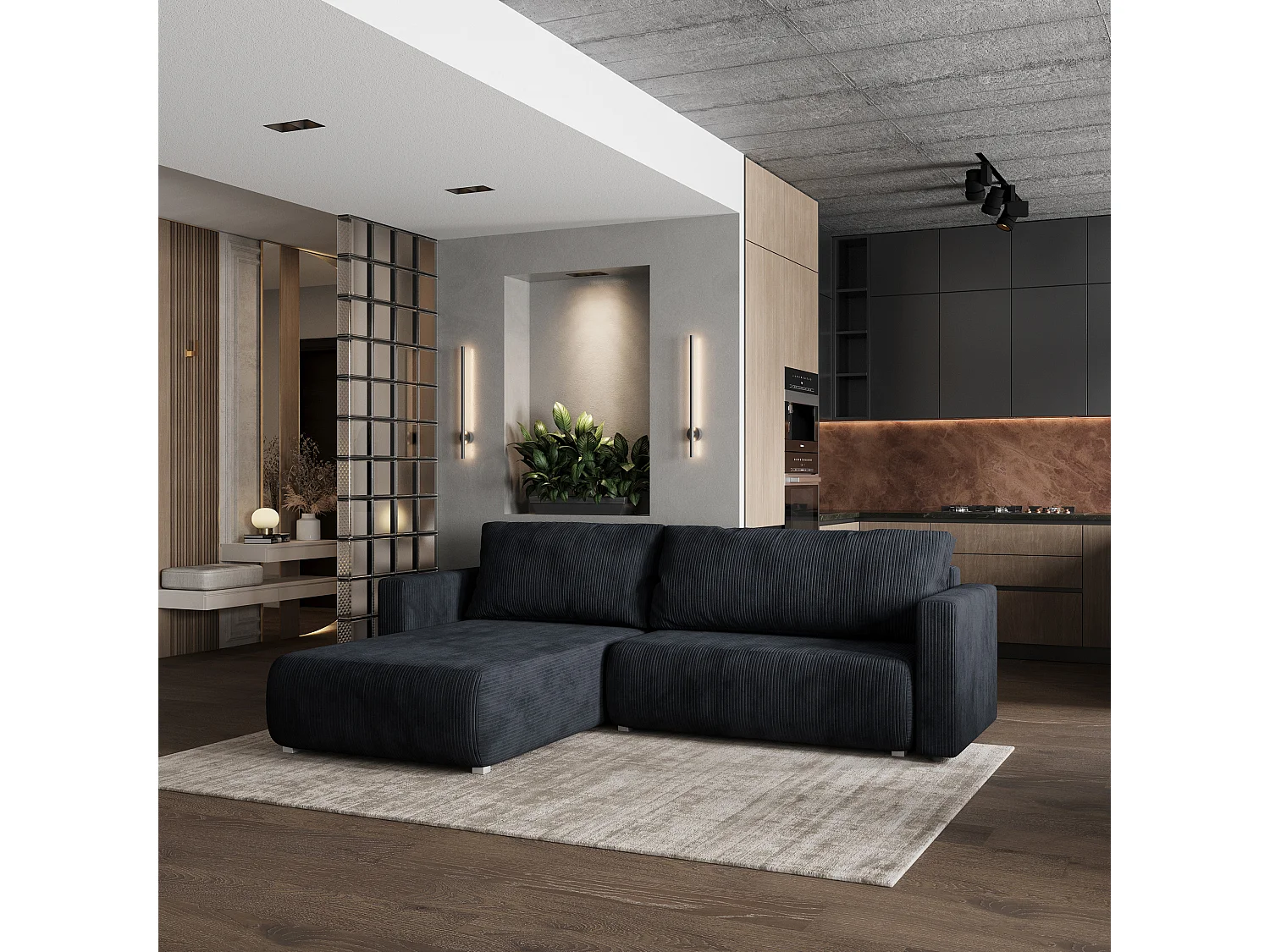 Canapé d'angle TURIN Noir en velours côtelé avec fonction de couchage
