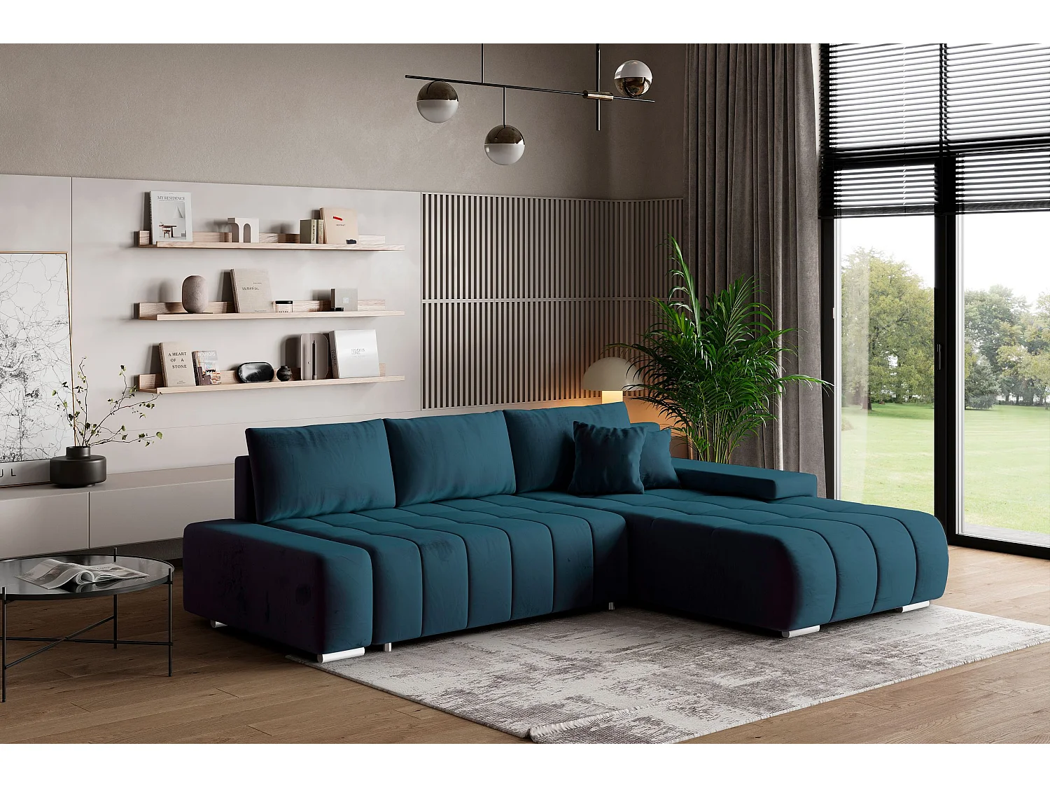 Canapé d'angle ALESE Bleu en velours avec fonction de couchage
