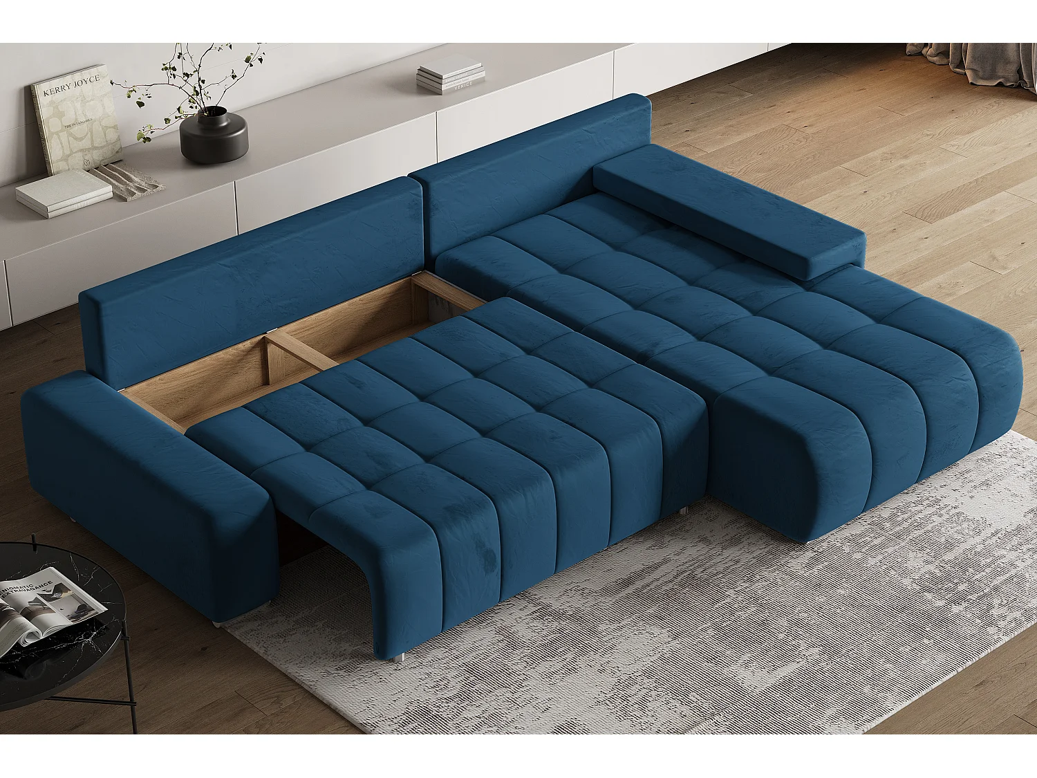 Hoekbank ALESE van fluweel met slaapfunctie Blau