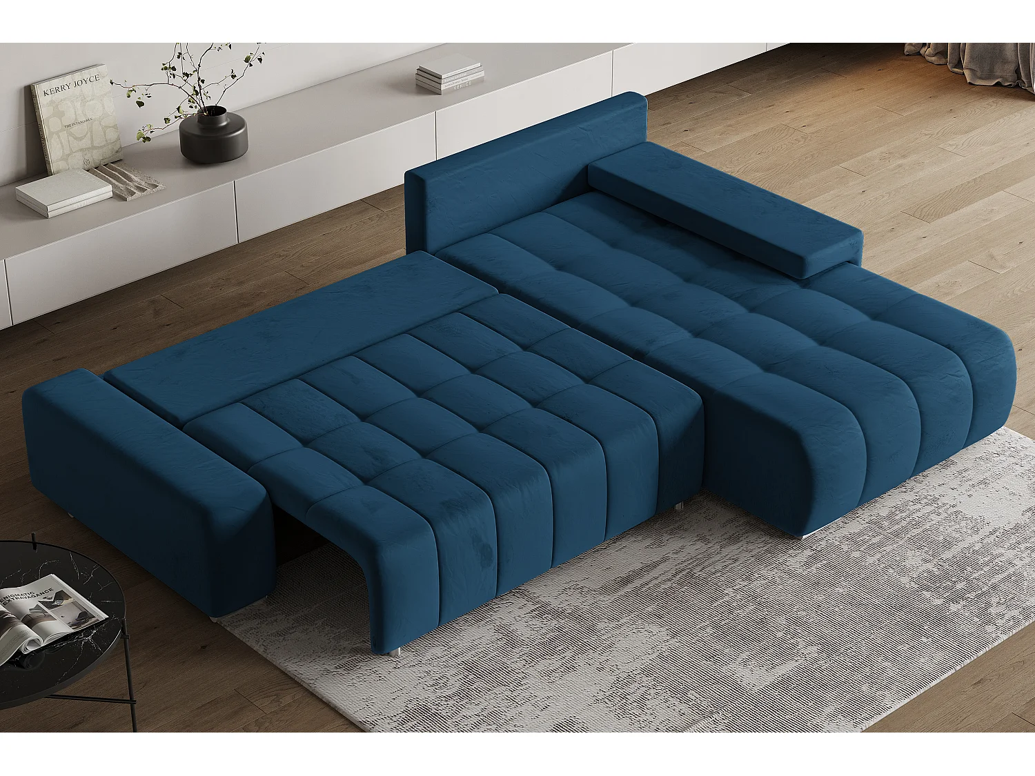 Hoekbank ALESE van fluweel met slaapfunctie Blau