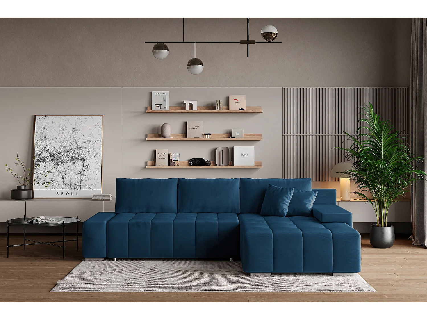 Hoekbank ALESE van fluweel met slaapfunctie Blau