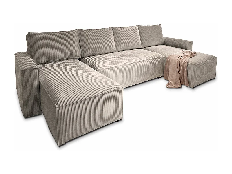 Canapé d'angle ASPRA Beige en velours côtelé avec fonction de couchage