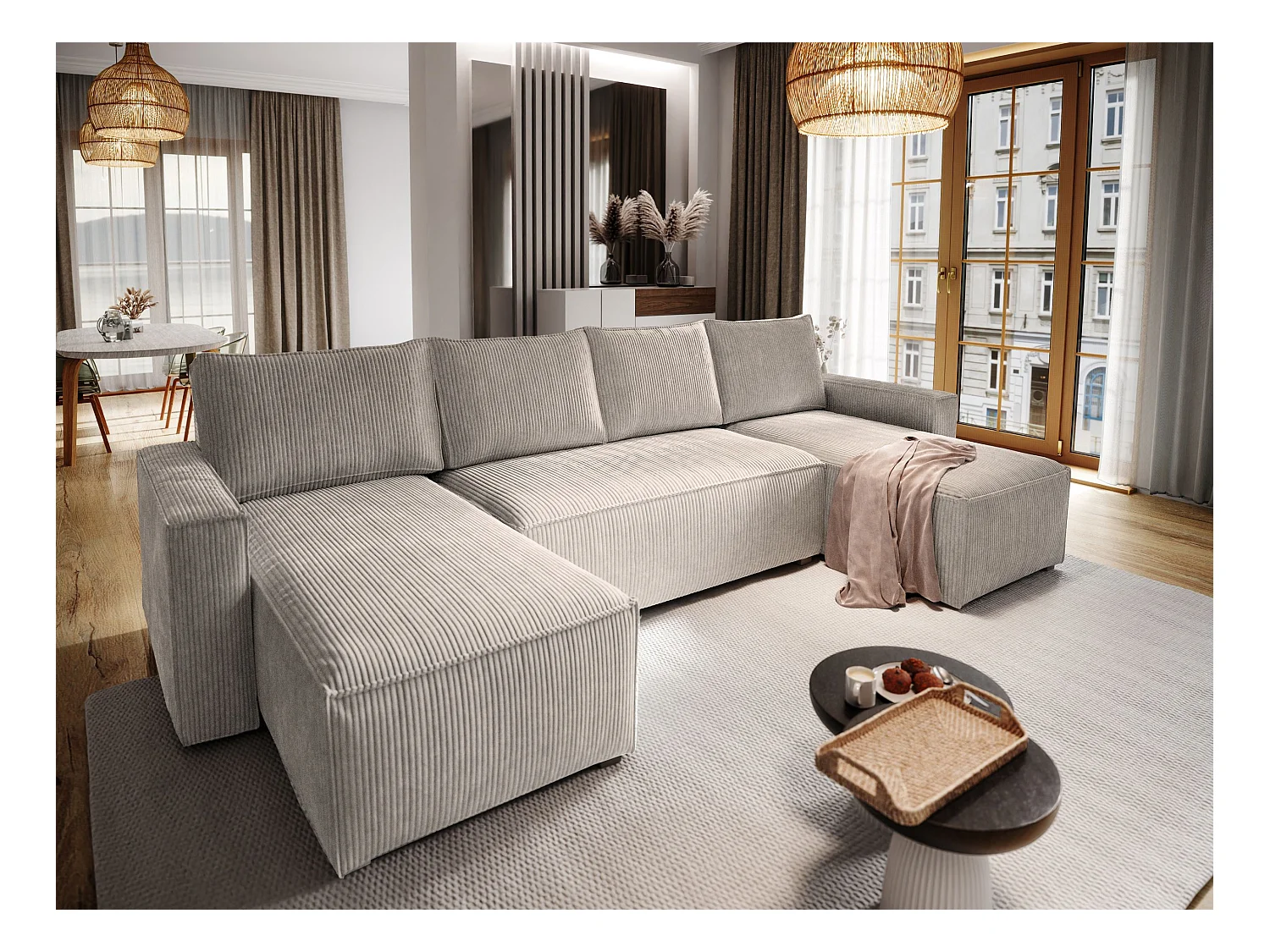 Canapé d'angle ASPRA Beige en velours côtelé avec fonction de couchage
