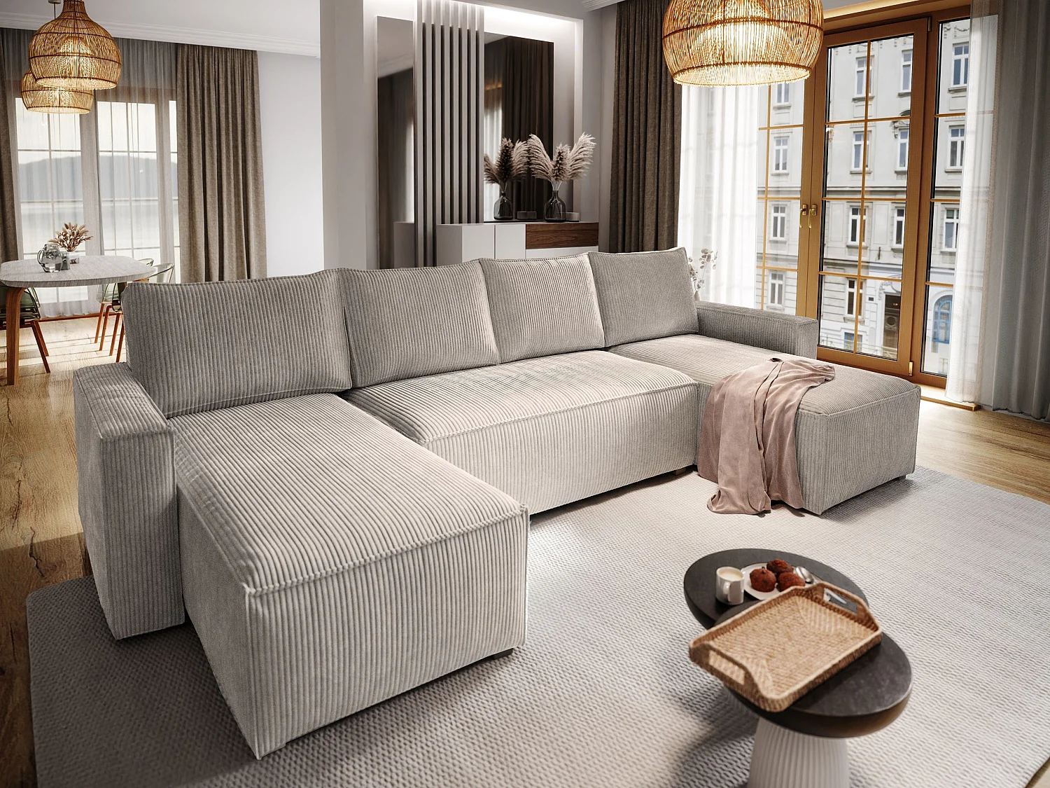 Canapé d'angle ASPRA Beige en velours côtelé avec fonction de couchage