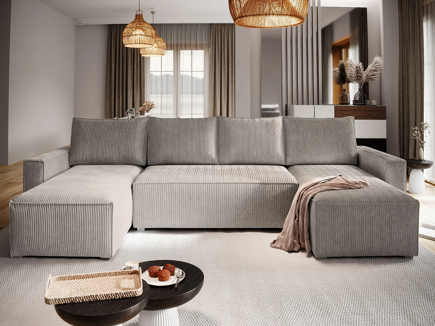 Canapé d'angle ASPRA Beige en velours côtelé avec fonction de couchage