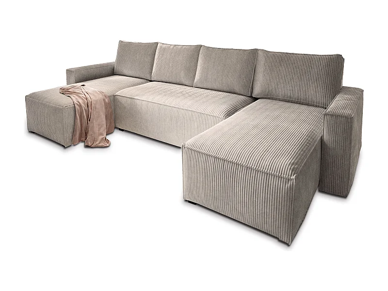 Canapé d'angle ASPRA Beige en velours côtelé avec fonction de couchage