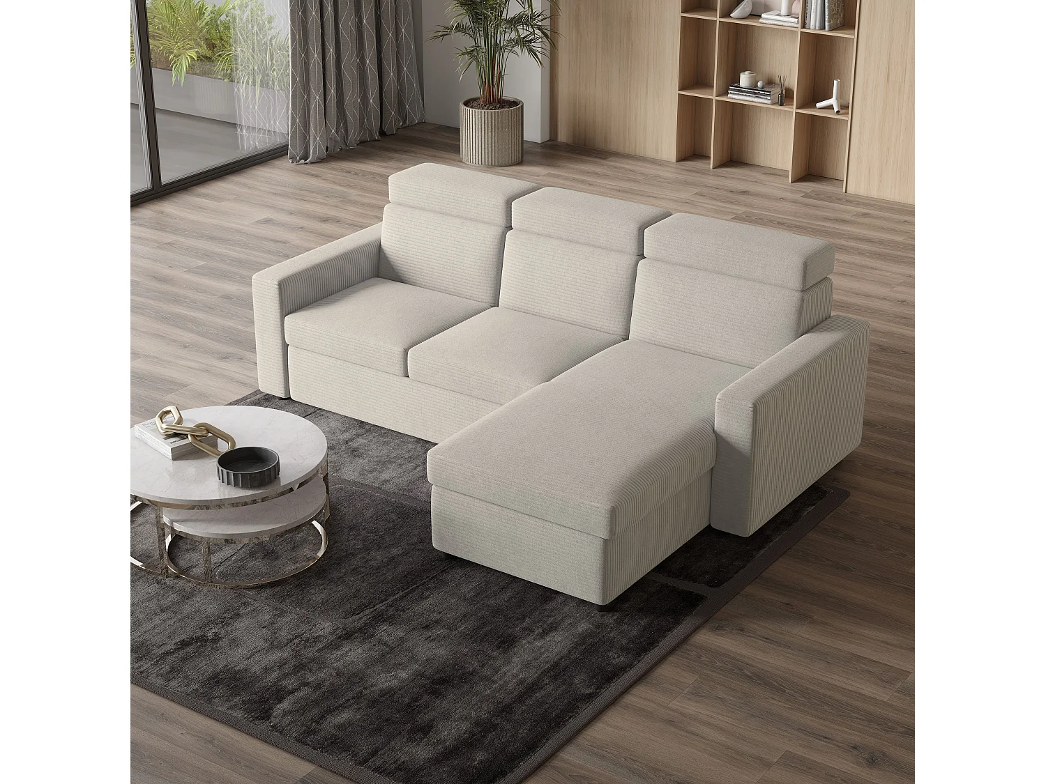 Canapé d'angle PADWA Crème en velours côtelé avec fonction de couchage