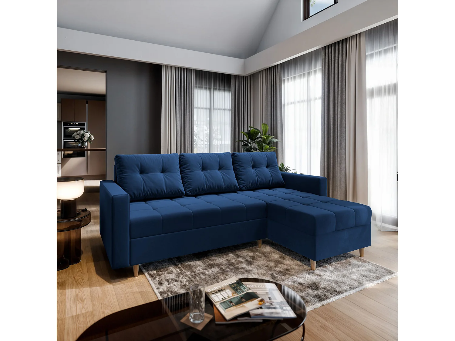 Canapé d'angle MILO Bleu en peluche avec fonction de couchage