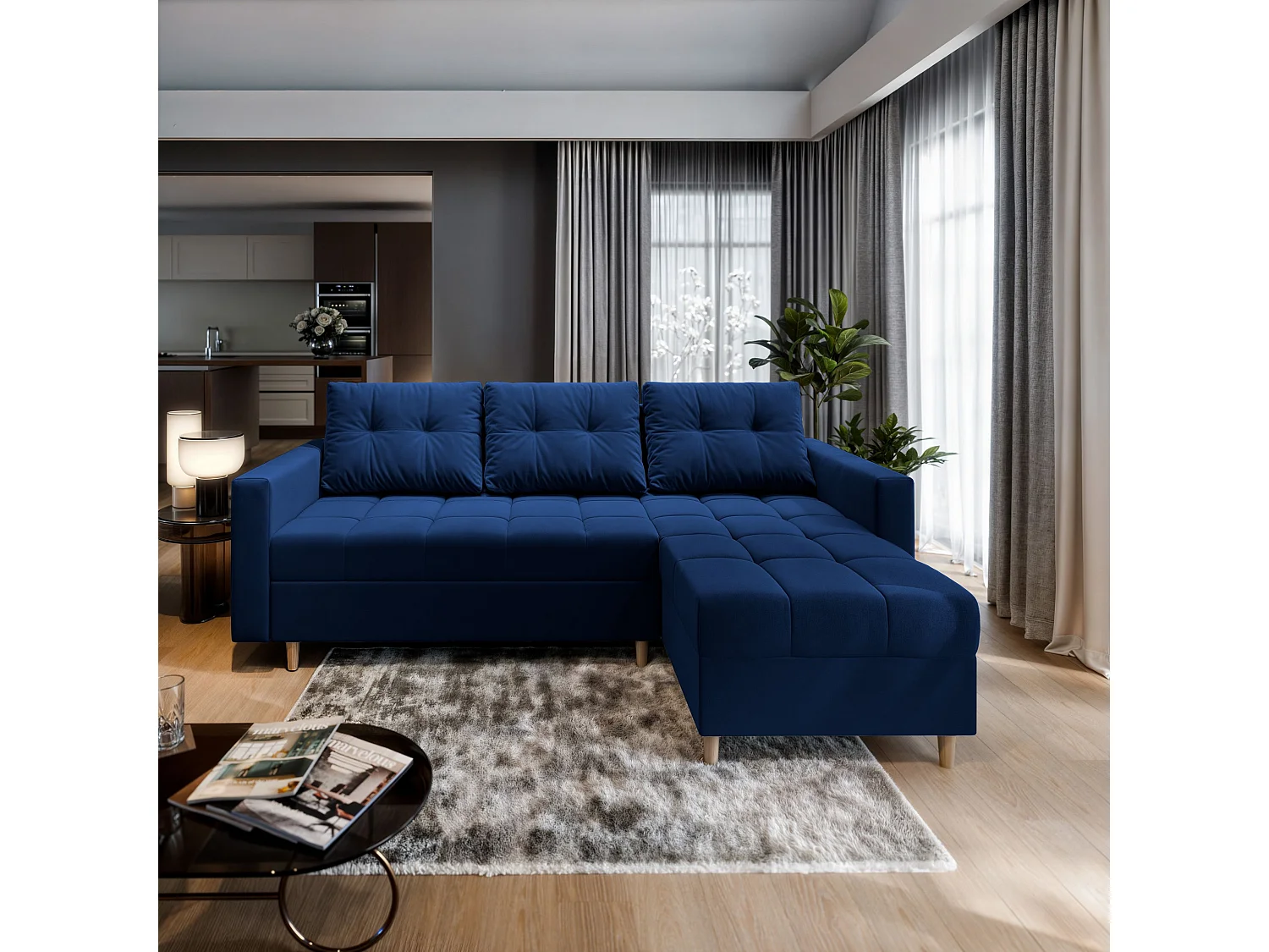 Canapé d'angle MILO Bleu en peluche avec fonction de couchage