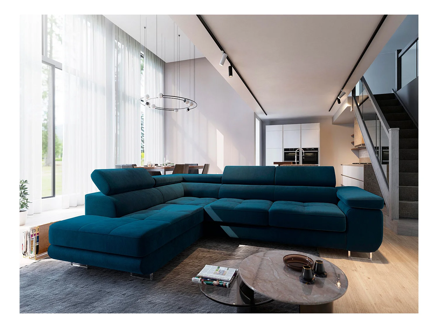 Canapé d'angle SELVA Bleu en velours avec fonction de couchage