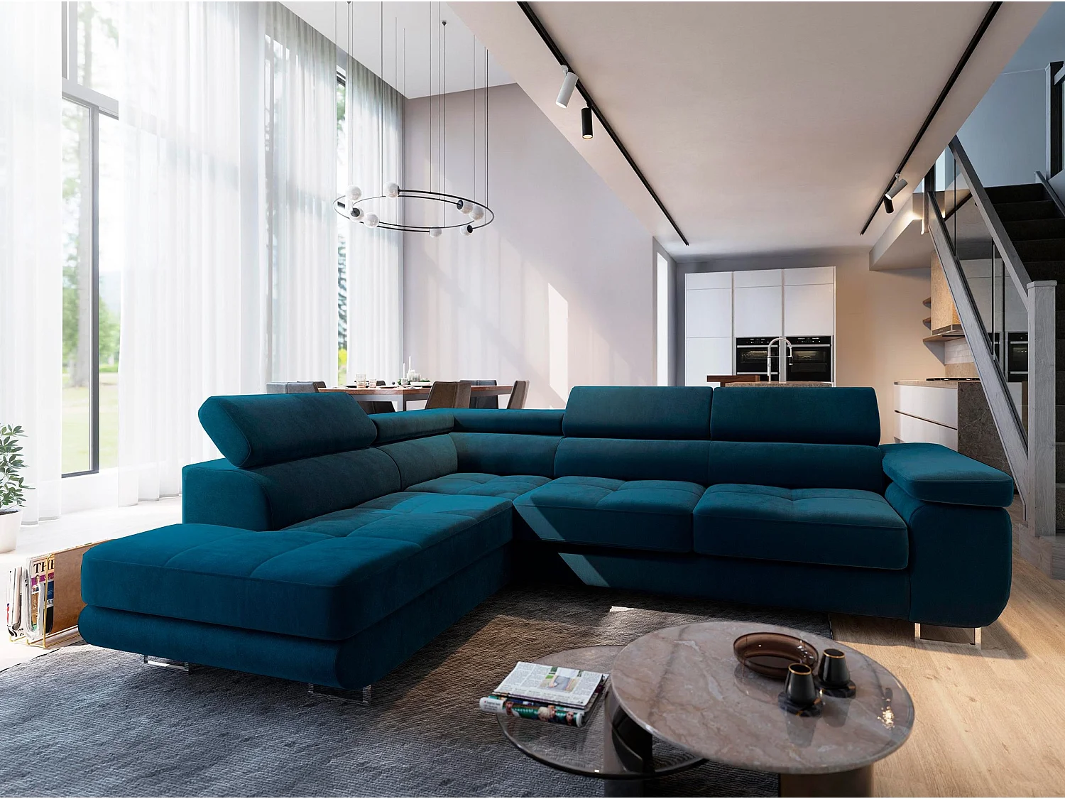 Canapé d'angle SELVA Bleu en velours avec fonction de couchage