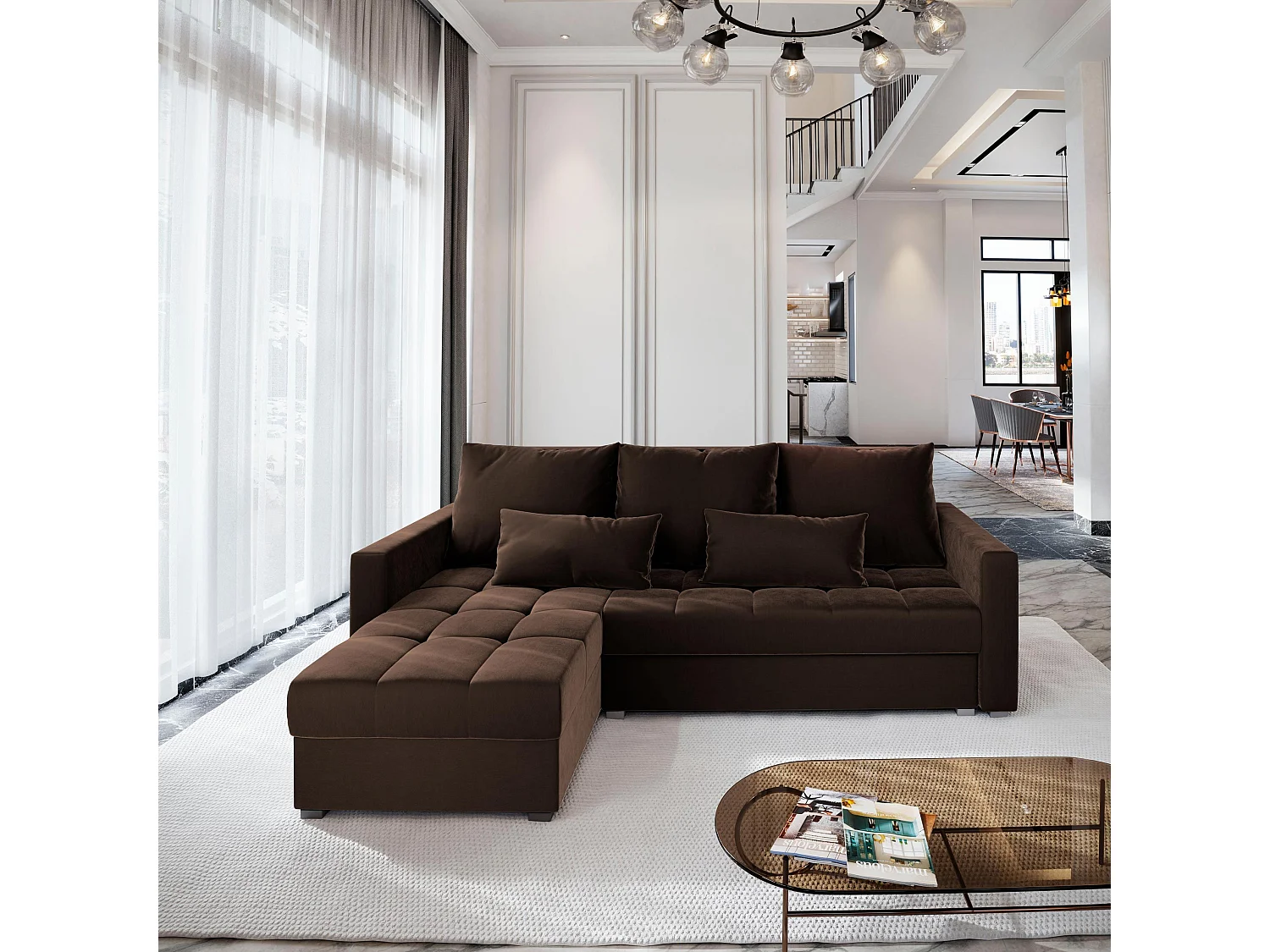 Canapé d'angle KOS PIK Marron en peluche avec fonction de couchage