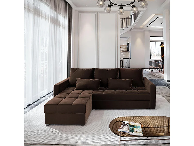 Canapé d'angle KOS PIK Marron en peluche avec fonction de couchage