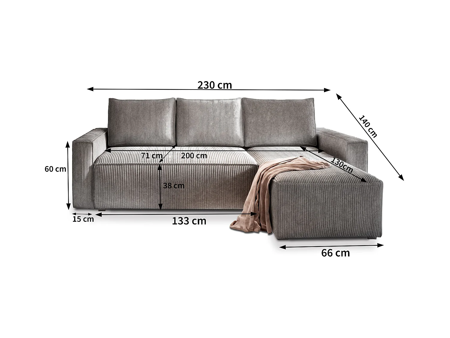 Canapé d'angle POTARO Noir en velours côtelé avec fonction de couchage