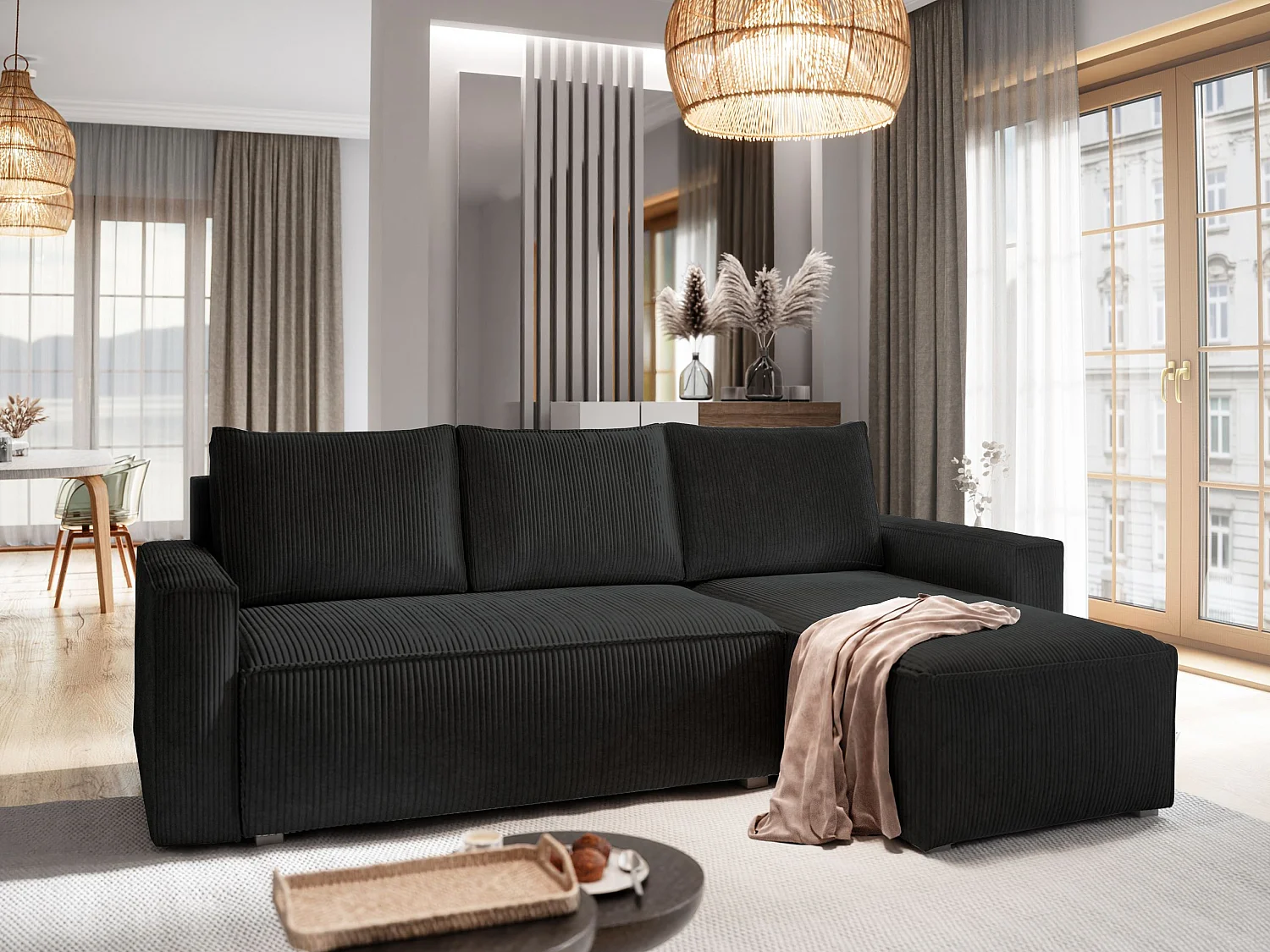 Hoekbank POTARO van fluweel met slaapfunctie Schwarz