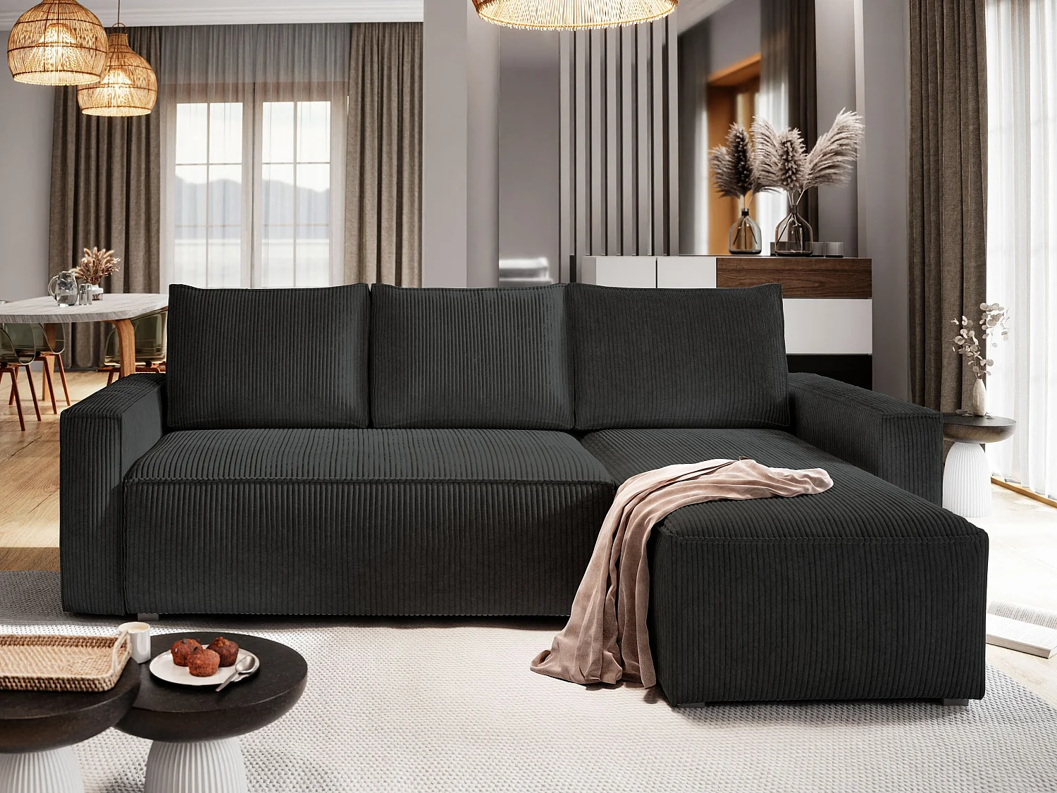 Hoekbank POTARO van fluweel met slaapfunctie Schwarz