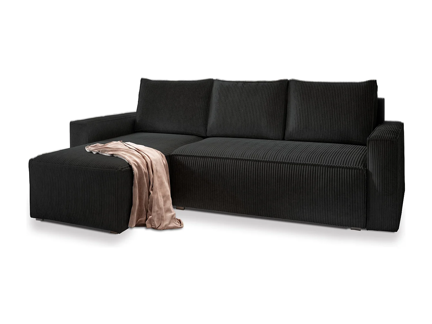 Canapé d'angle POTARO Noir en velours côtelé avec fonction de couchage