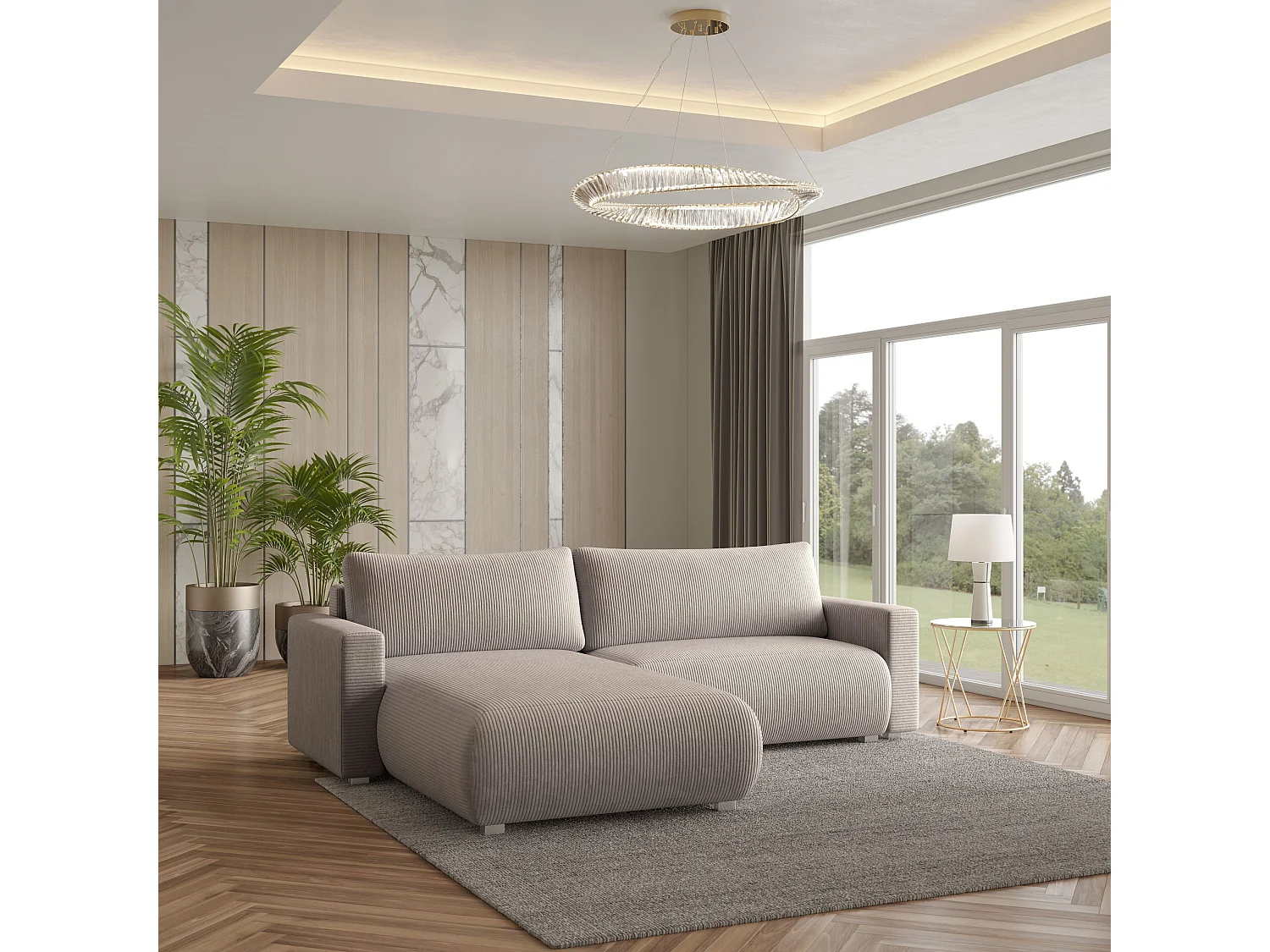 Canapé d'angle TURIN Beige en velours côtelé avec fonction de couchage