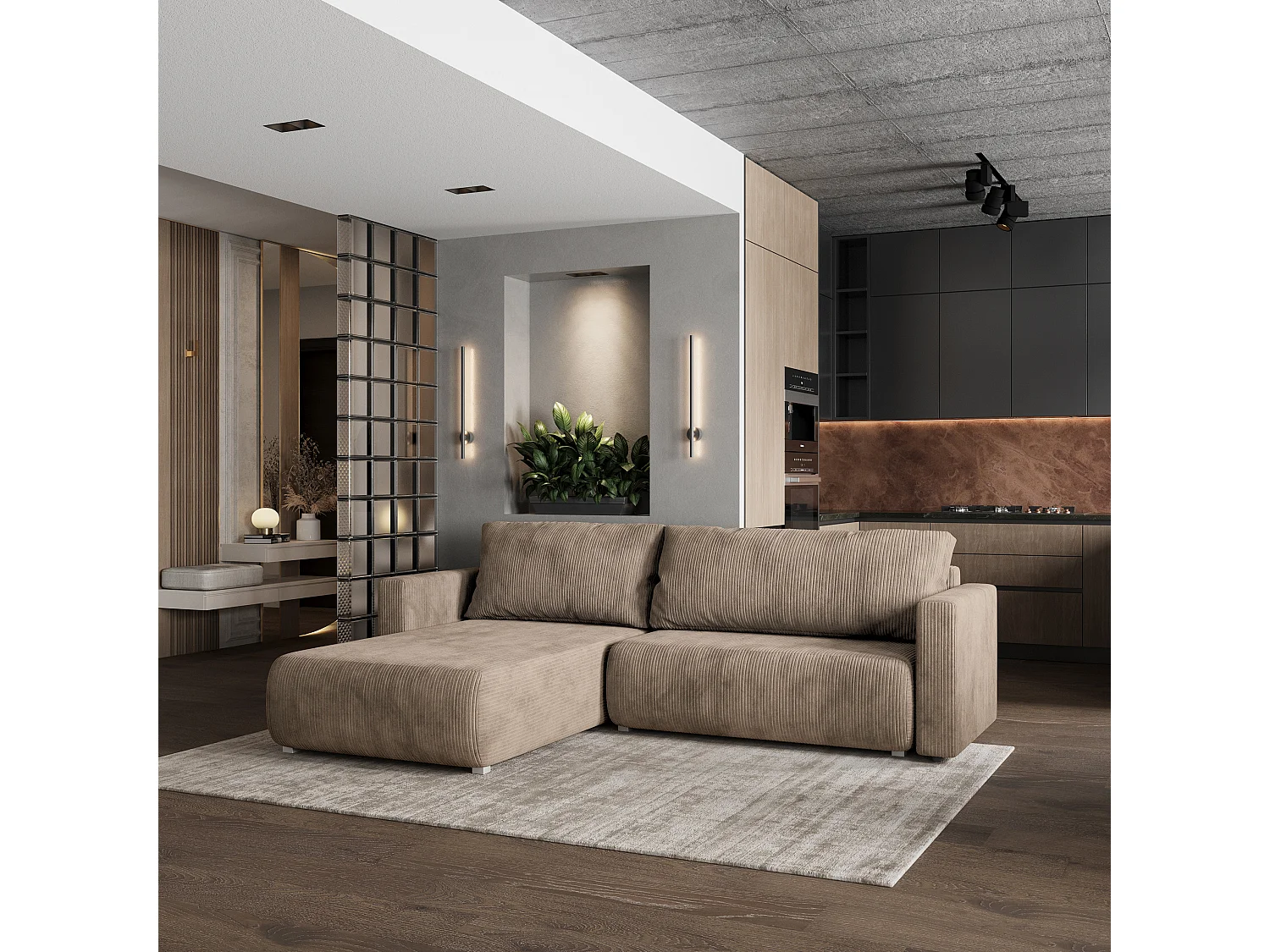 Canapé d'angle TURIN Beige en velours côtelé avec fonction de couchage