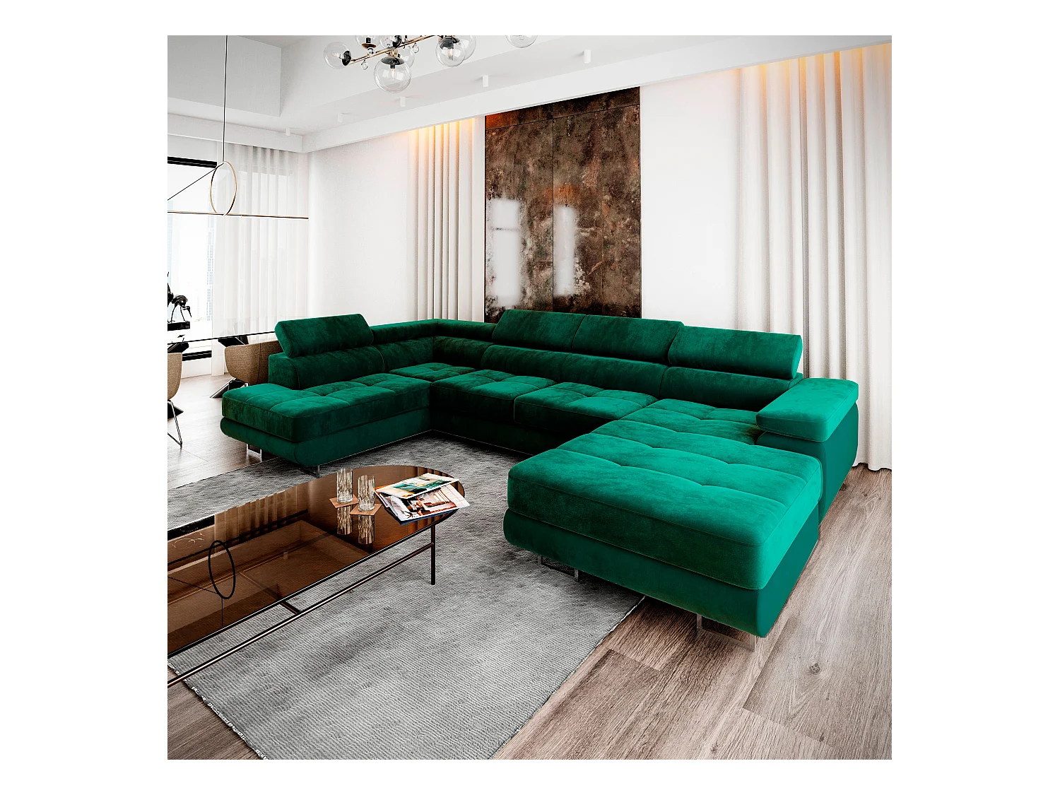 Canapé d'angle CASONE Vert Sapin en velours avec fonction de couchage