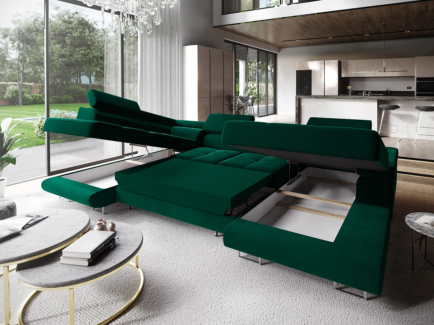 Canapé d'angle CASONE Vert Sapin en velours avec fonction de couchage