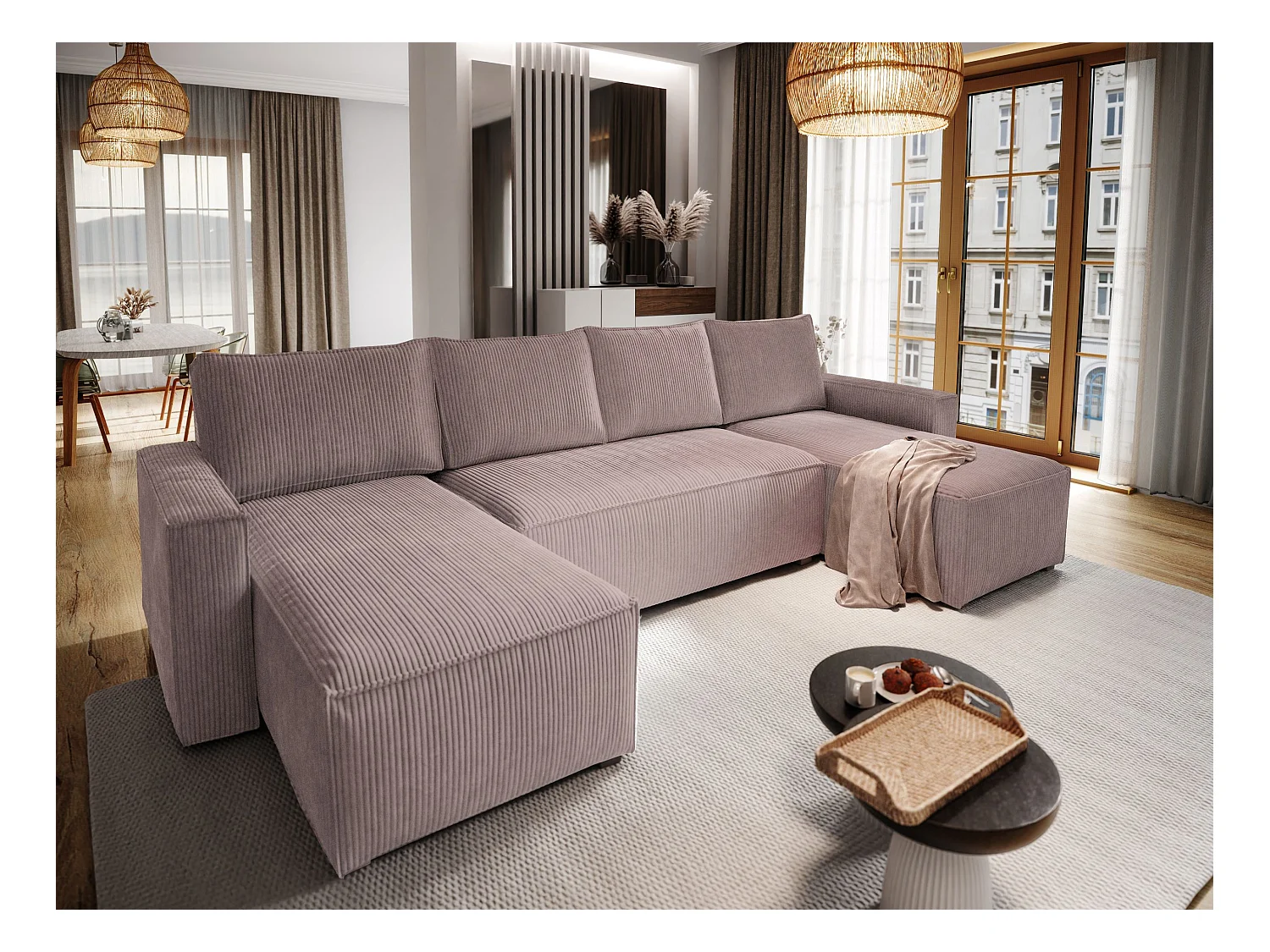 Canapé d'angle ASPRA Parme en velours côtelé avec fonction de couchage