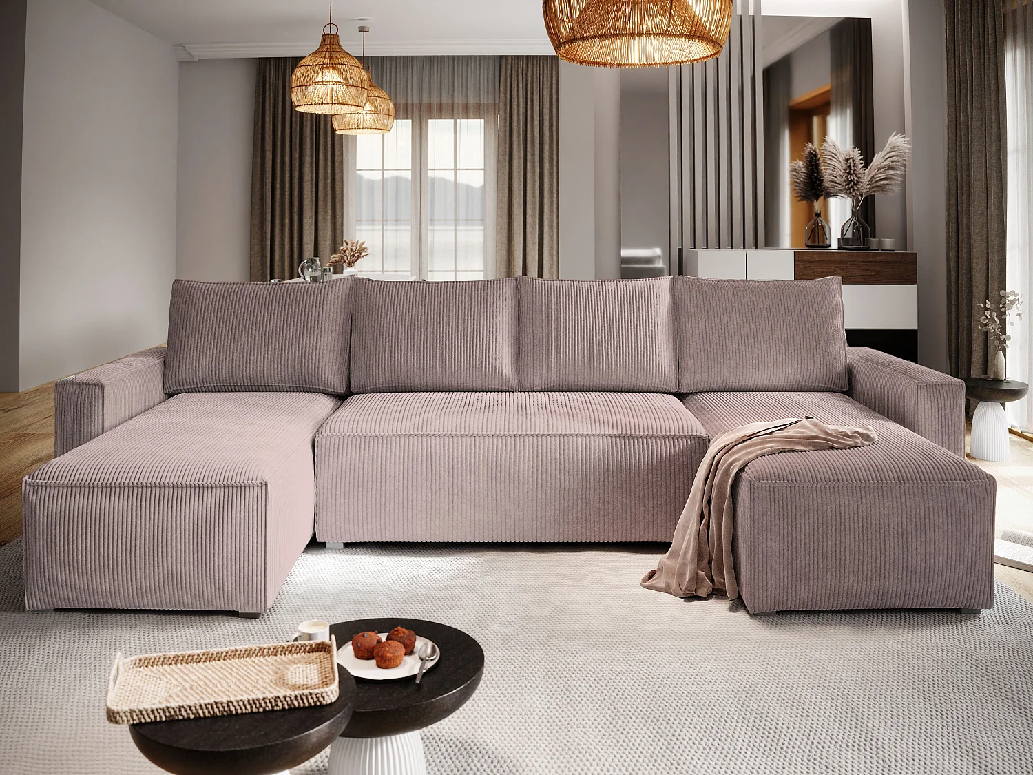 Canapé d'angle ASPRA Parme en velours côtelé avec fonction de couchage