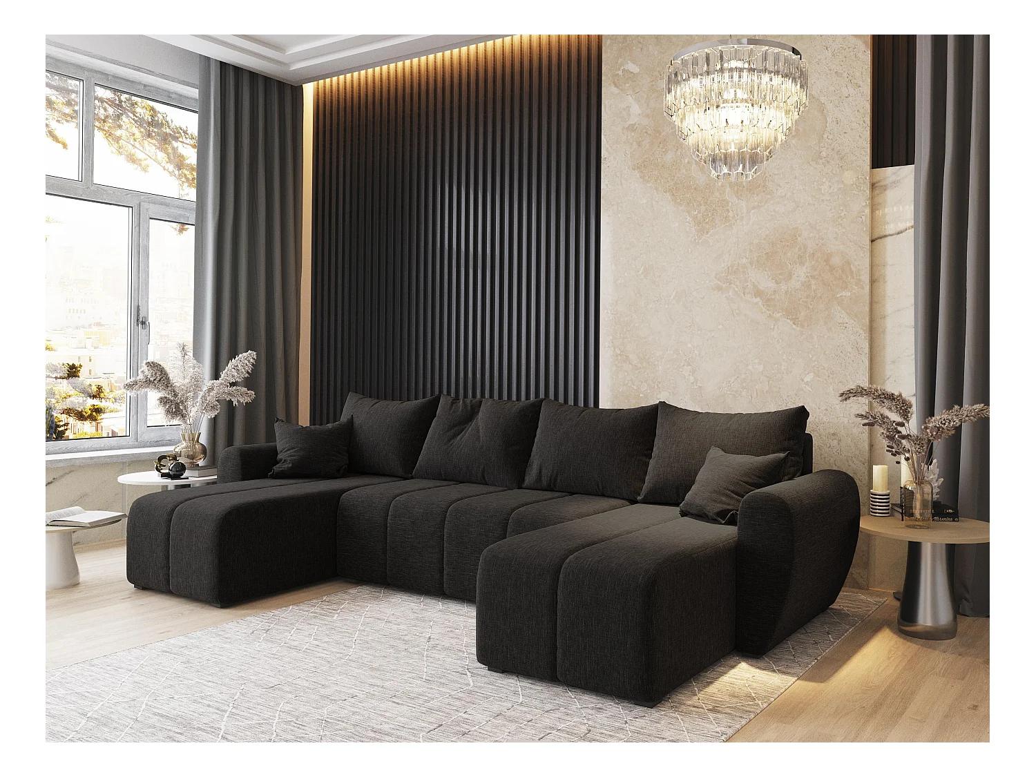 Canapé d'angle MADISON Gris en tissu texturé avec fonction de couchage
