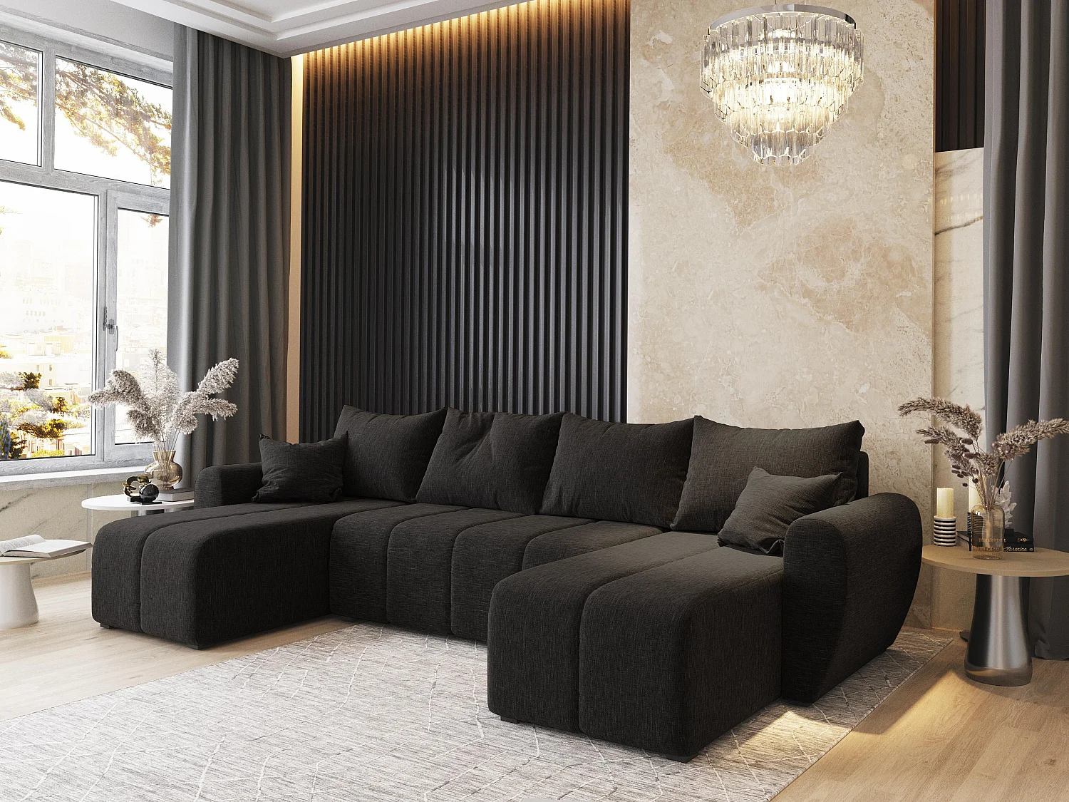 Canapé d'angle MADISON Gris en tissu texturé avec fonction de couchage