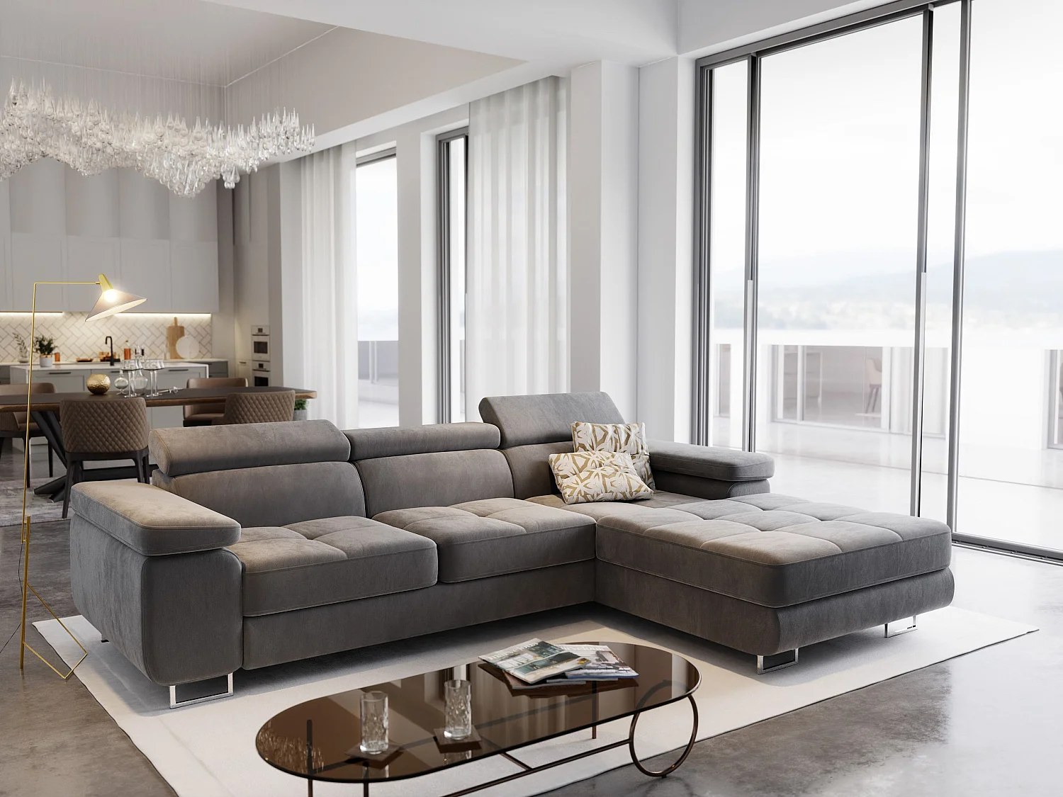 Canapé d'angle ELMA Gris en velours avec fonction de couchage