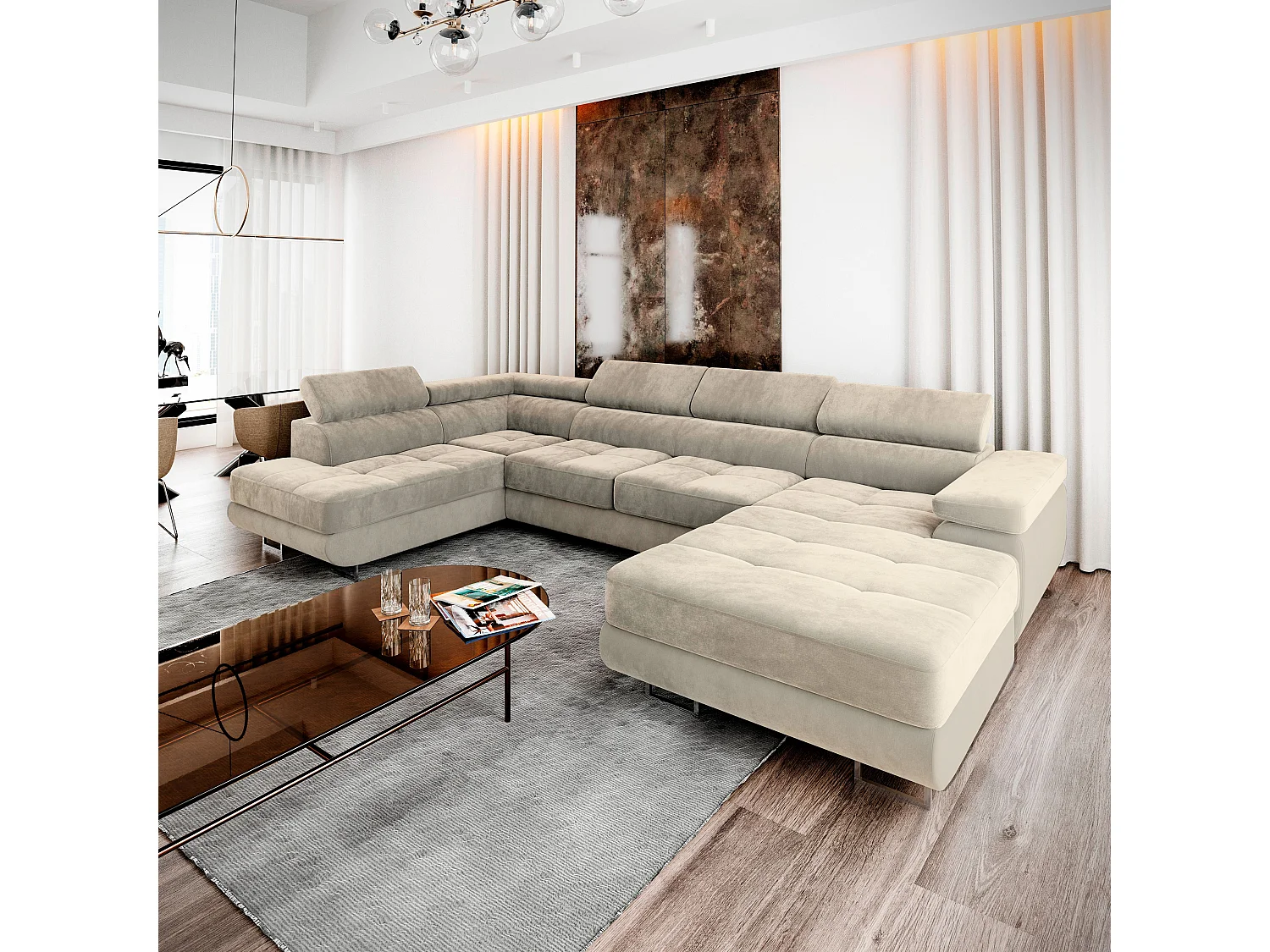 Canapé d'angle CASONE Crème en velours avec fonction de couchage