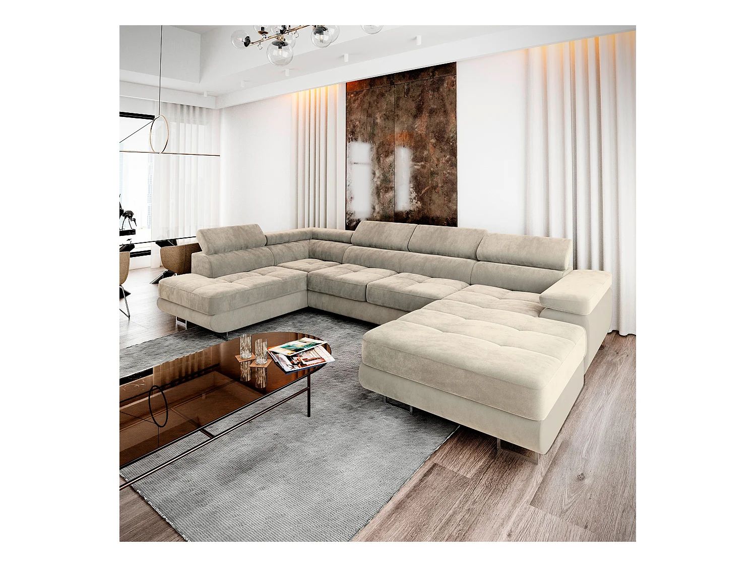 Canapé d'angle CASONE Crème en velours avec fonction de couchage