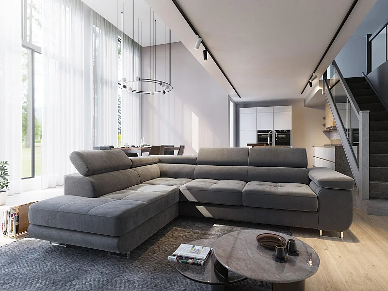 Canapé d'angle SELVA Gris en velours avec fonction de couchage