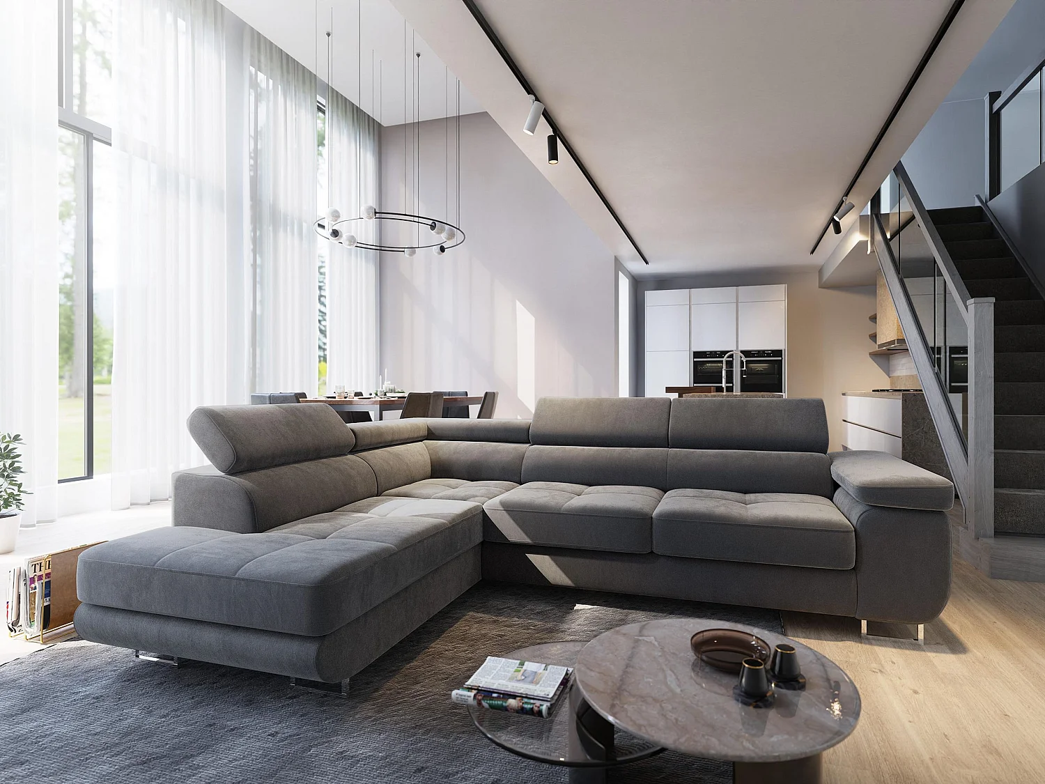 Canapé d'angle SELVA Gris en velours avec fonction de couchage