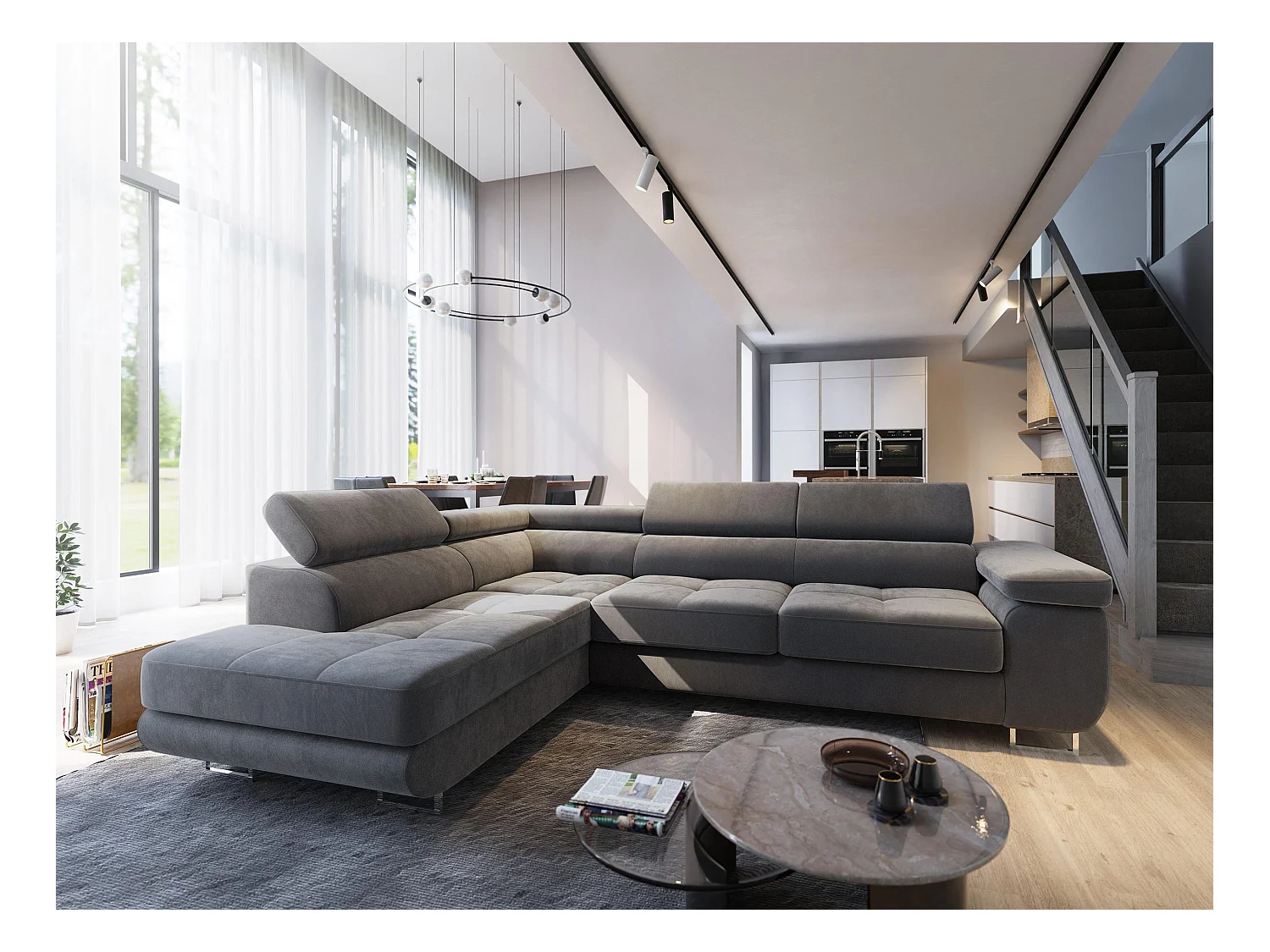 ECKSOFA SELVA L-S Grau Velours-Stoff mit Schlaffunktion