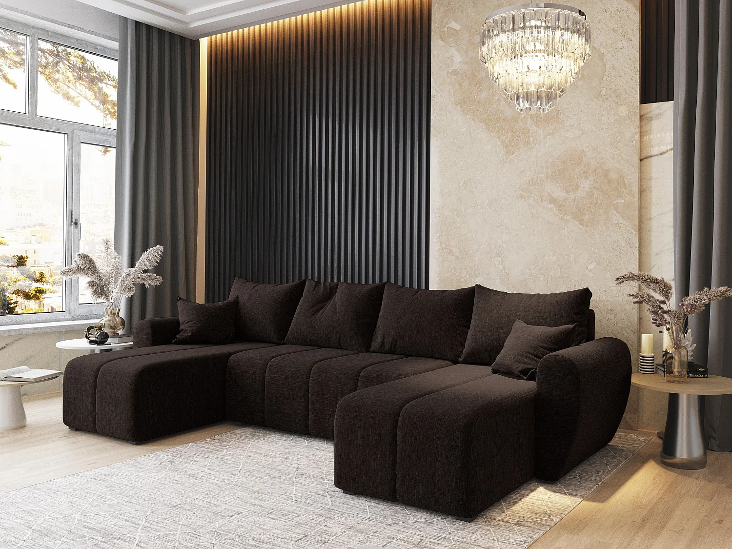 Canapé d'angle MADISON Marron en tissu texturé avec fonction de couchage