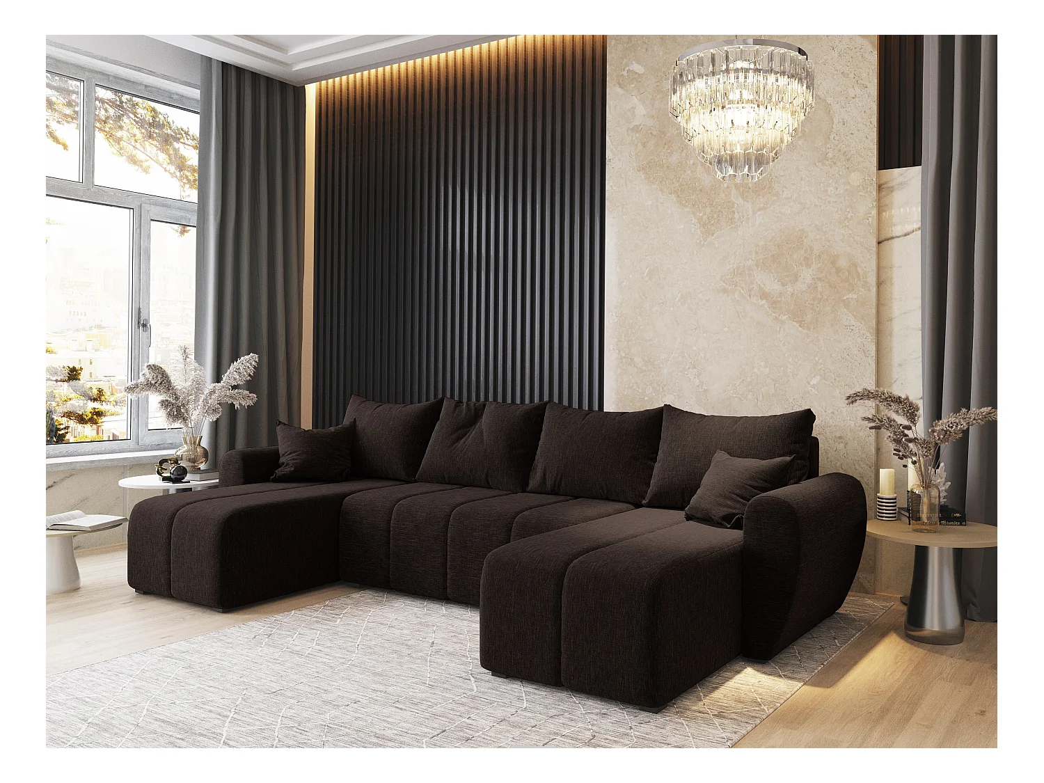 Canapé d'angle MADISON Marron en tissu texturé avec fonction de couchage