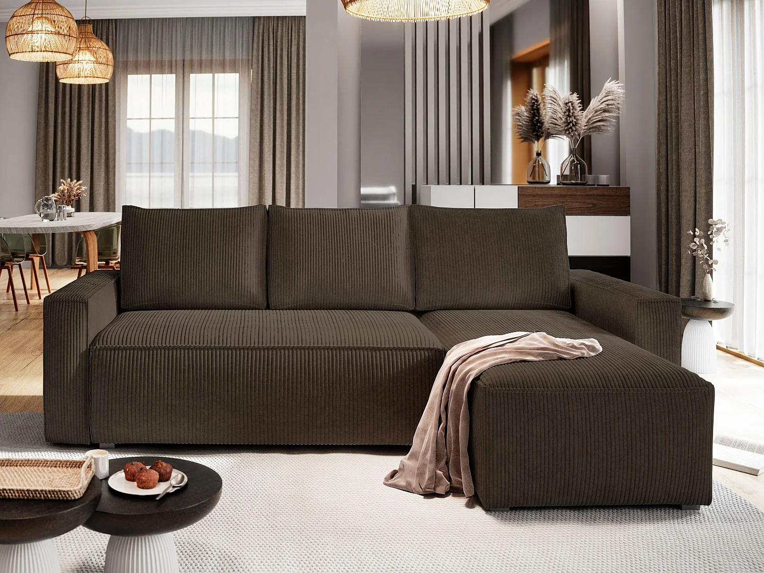 Hoekbank POTARO van fluweel met slaapfunctie Braun