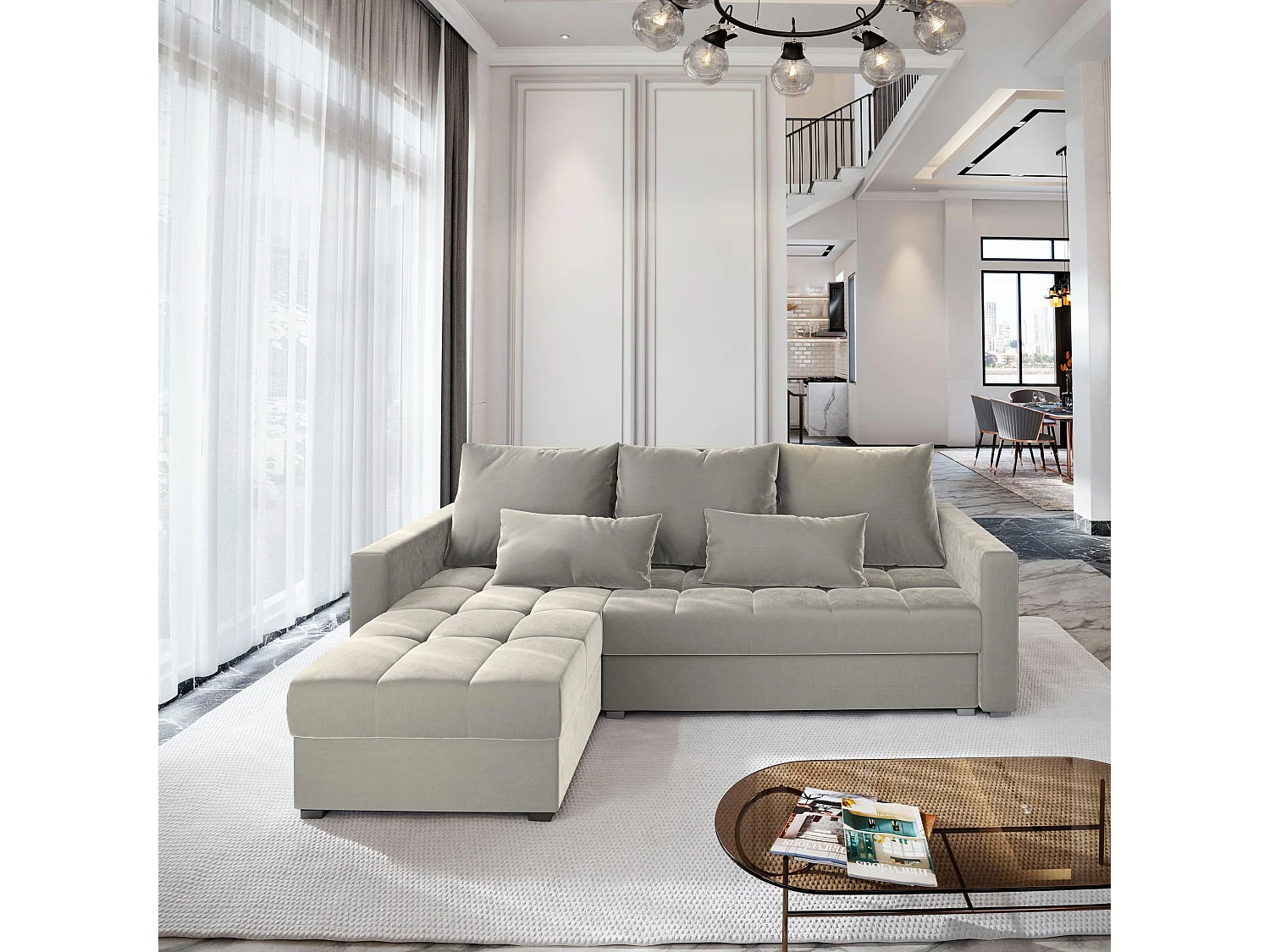 Canapé d'angle KOS PIK Beige en peluche avec fonction de couchage