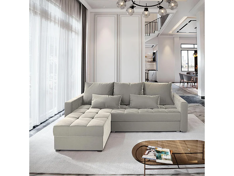 Canapé d'angle KOS PIK Beige en peluche avec fonction de couchage