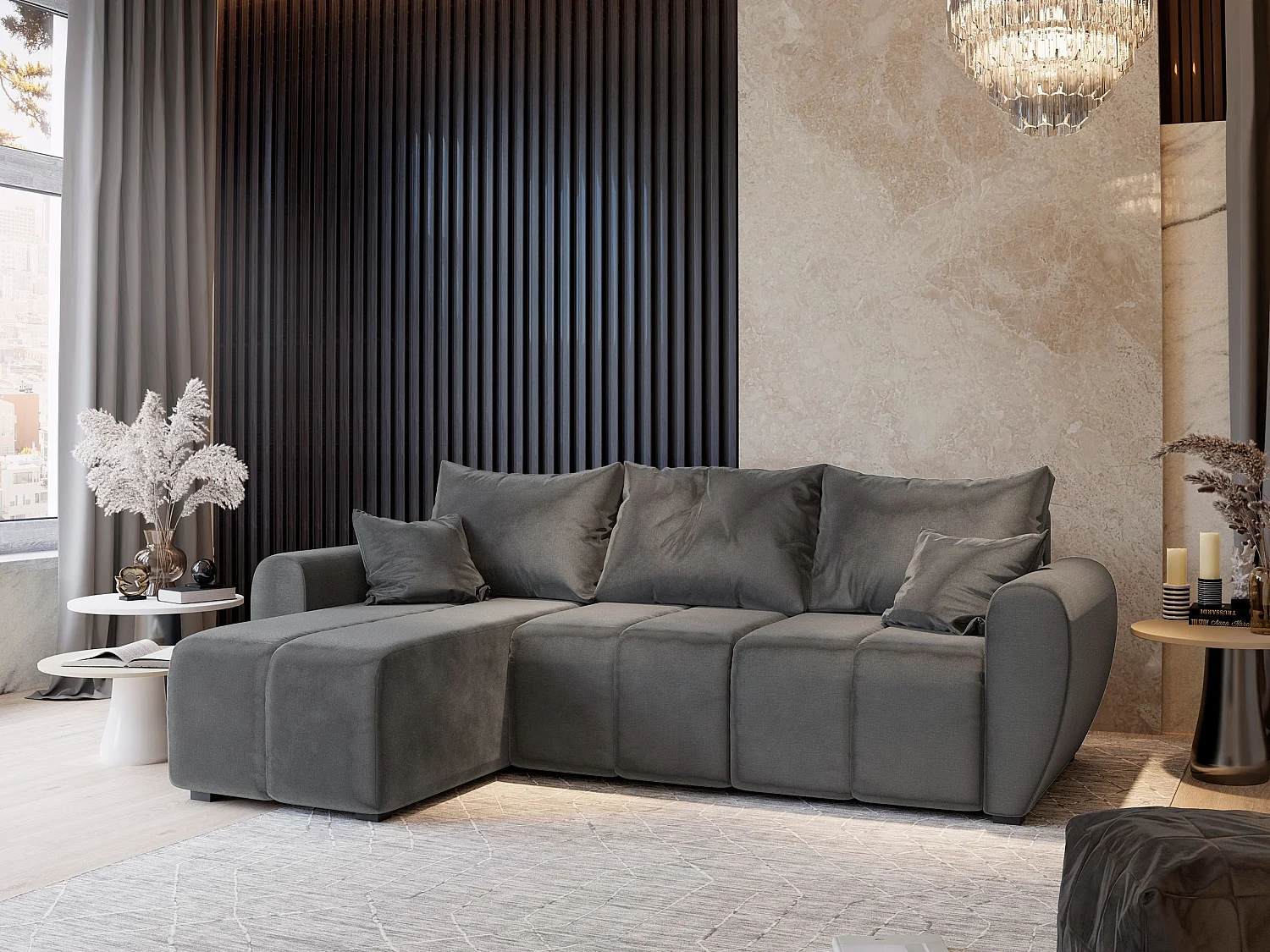 Canapé d'angle MADISON Gris en peluche avec fonction de couchage